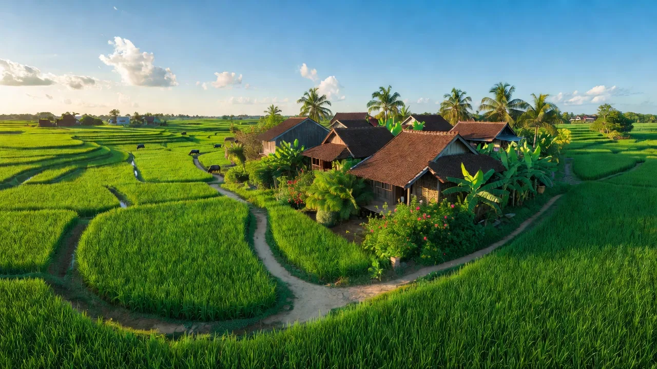 Cảnh đẹp xã Tam Đa, huyện Yên Phong, tỉnh Bắc Ninh với ruộng xanh và nhà truyền thống.