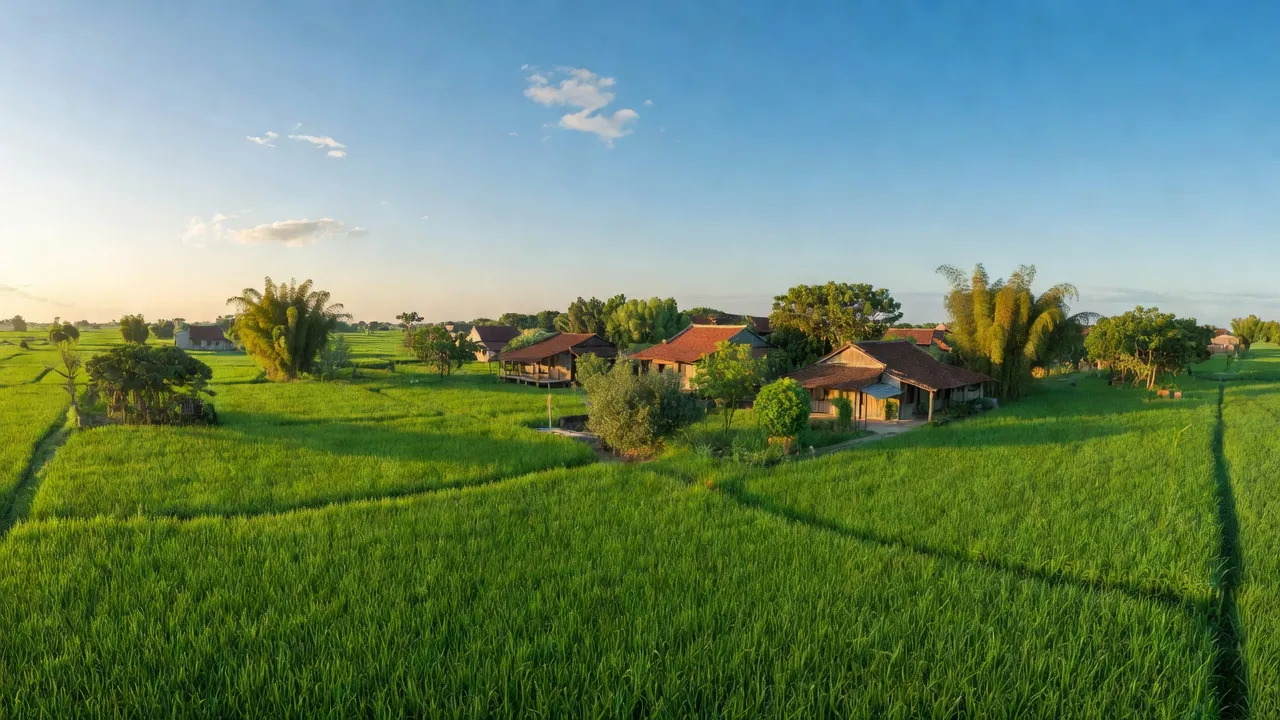 Cảnh quan xã Tam Giang, huyện Yên Phong, Bắc Ninh với đồng ruộng xanh tươi và nhà cửa.