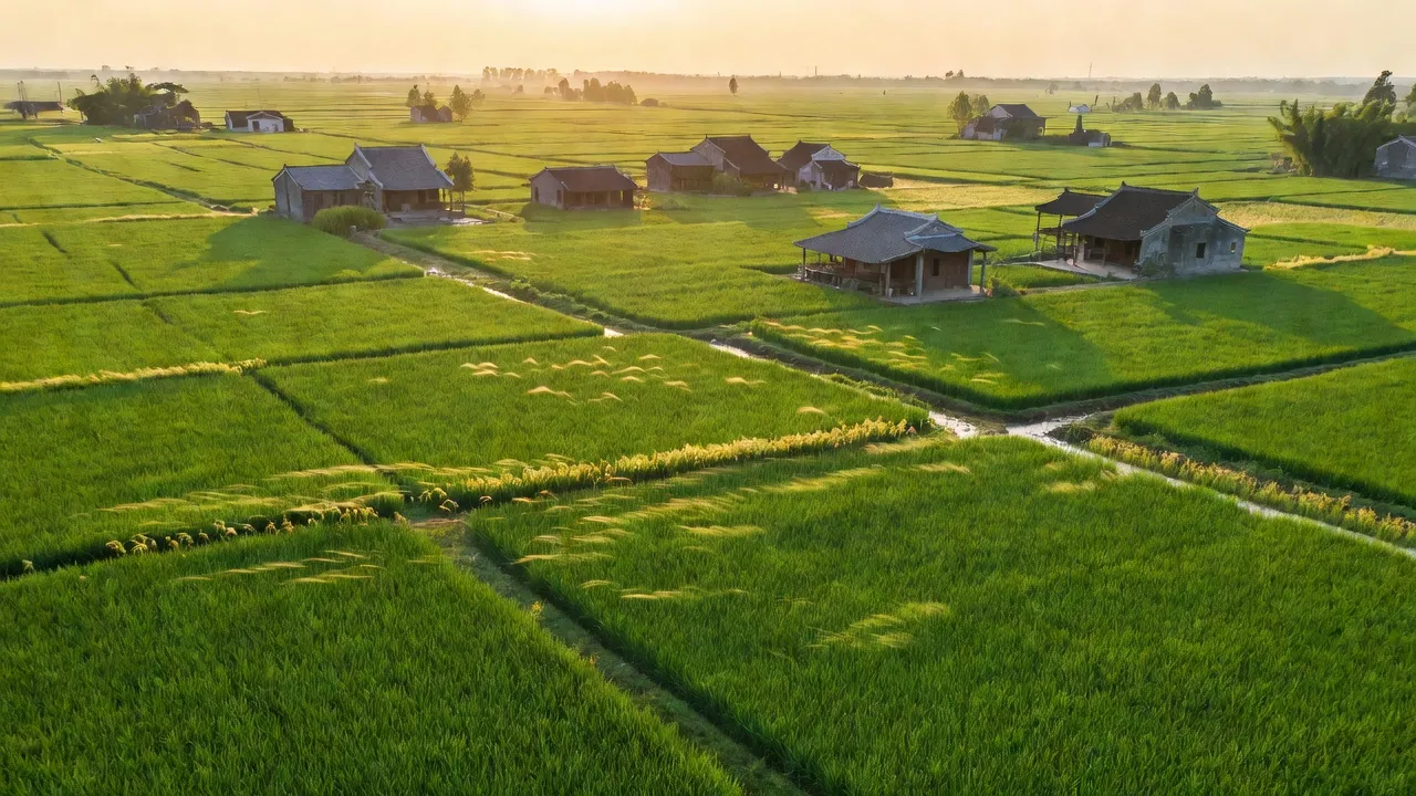 Phong cảnh xã Tam Giang, huyện Yên Phong, Bắc Ninh với cánh đồng xanh và nhà truyền thống.