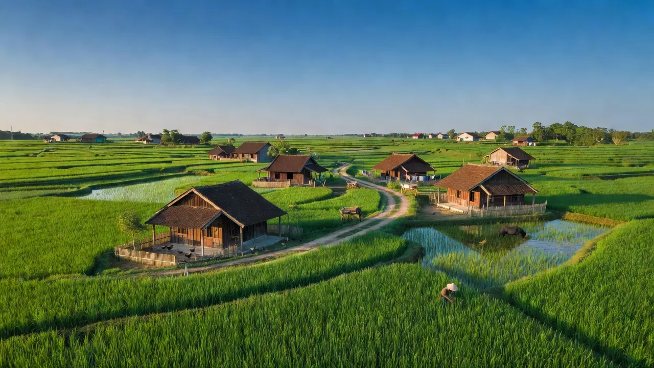 Khung cảnh bình yên xã Thụy Hòa, huyện Yên Phong, Bắc Ninh với cánh đồng xanh và nhà truyền thống.