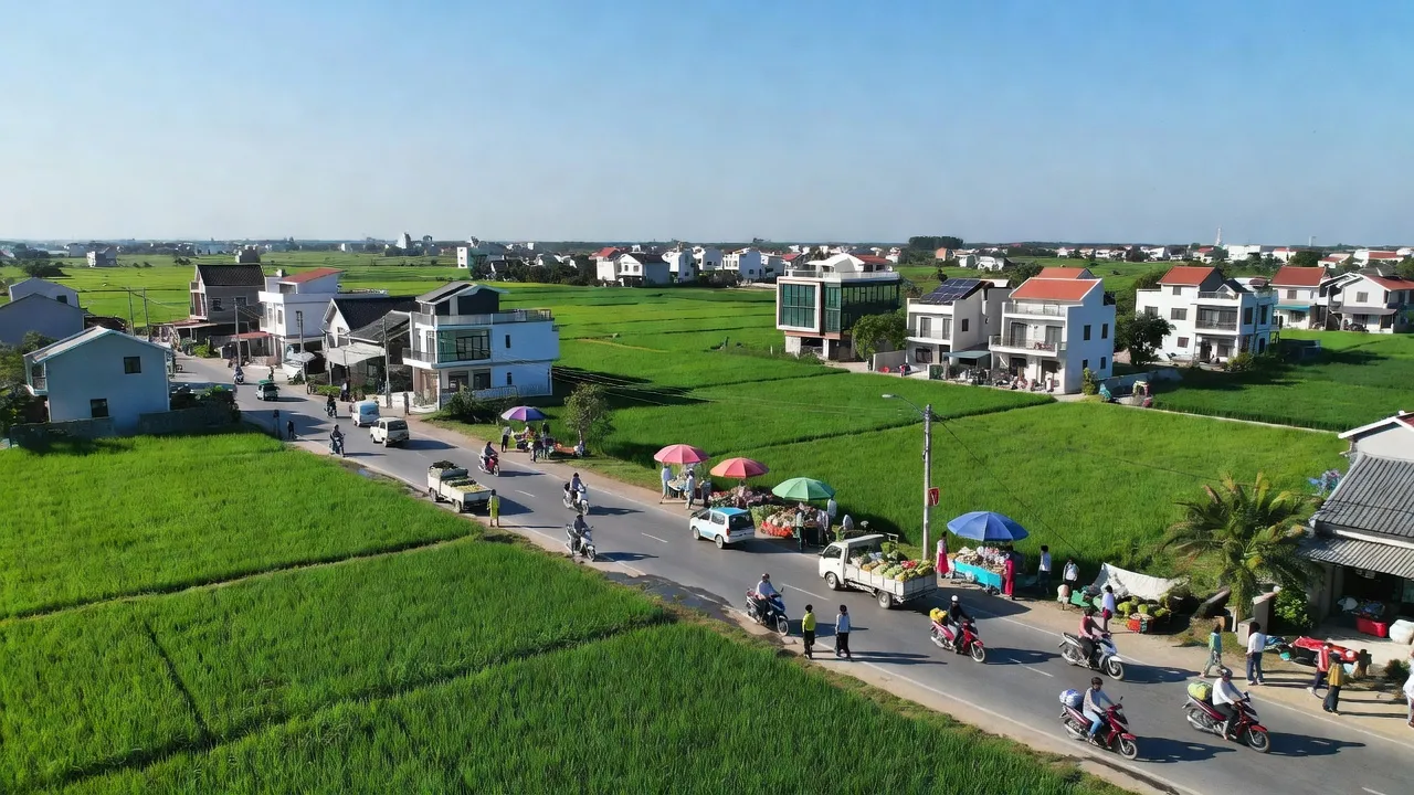 Cảnh quan xã Trung Nghĩa, Yên Phong, Bắc Ninh với cánh đồng và nhà cửa hiện đại.