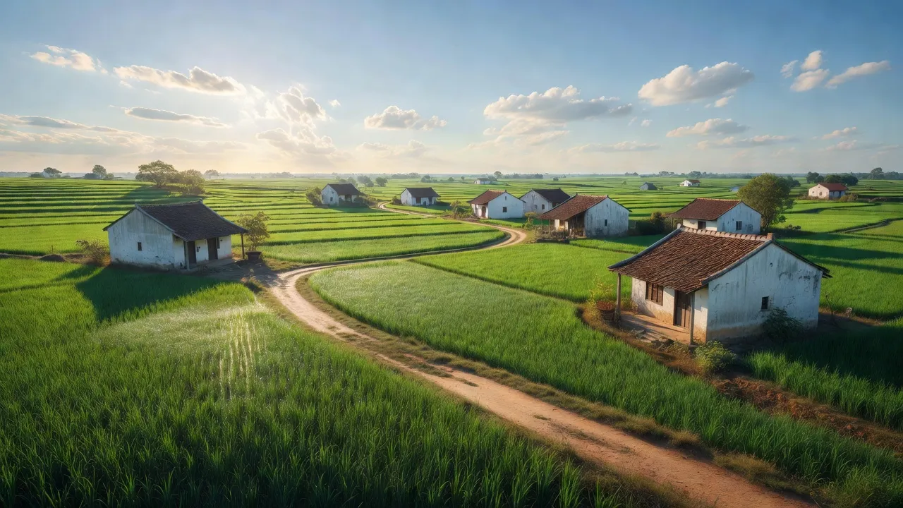 Cảnh đẹp xã Văn Môn, huyện Yên Phong, Bắc Ninh với cánh đồng xanh và nhà truyền thống.