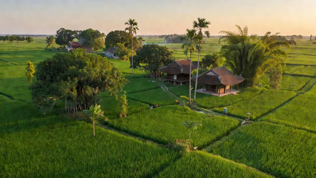 Cảnh sắc xã Văn Môn, huyện Yên Phong, Bắc Ninh với cánh đồng xanh tươi và nhà truyền thống.