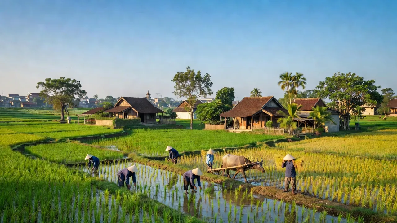 Cảnh làng quê Yên Phụ, Bắc Ninh với đồng lúa, nhà truyền thống và bầu trời trong xanh.