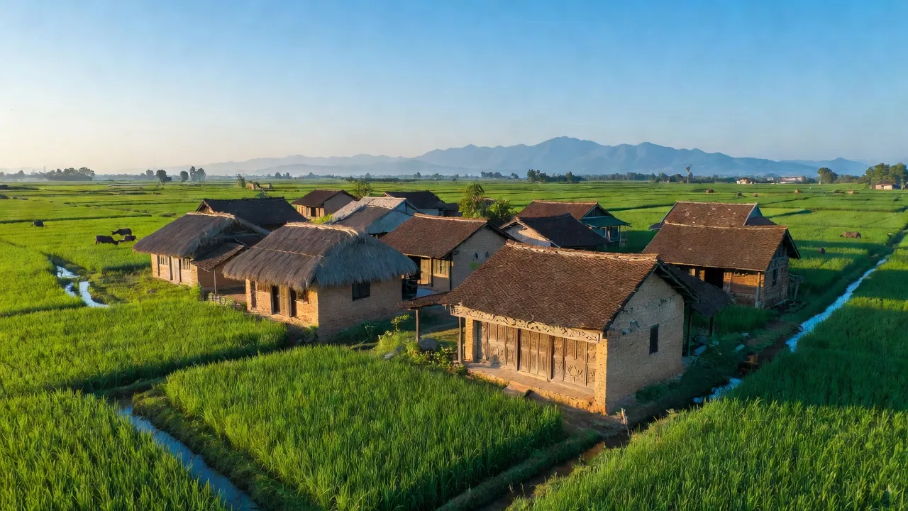 Khung cảnh làng Yên Phụ, huyện Yên Phong, Bắc Ninh với kiến trúc nông thôn và cánh đồng xanh.