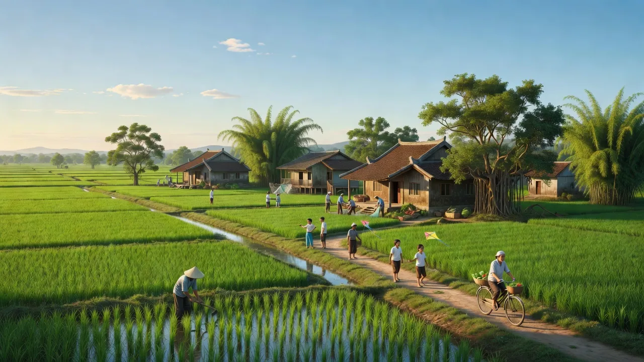 Phong cảnh xã Yên Trung, huyện Yên Phong, tỉnh Bắc Ninh với cánh đồng xanh và nhà cửa.