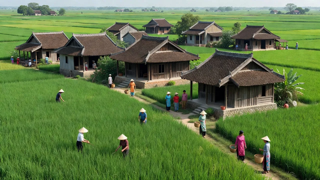 Xã Yên Trung ở Bắc Ninh với cảnh đồng xanh và hoạt động của cư dân địa phương.