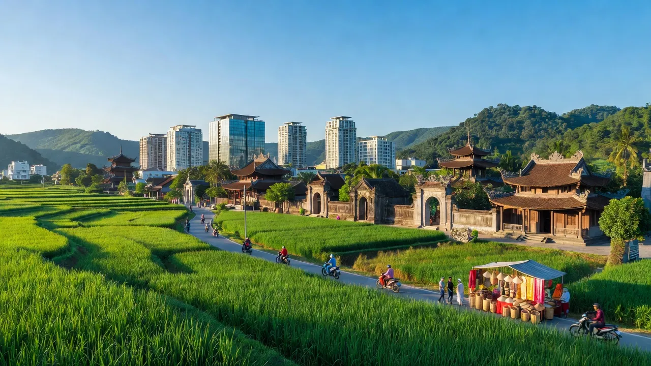 Khung cảnh tỉnh Bắc Ninh Việt Nam với cảnh quan xanh tươi và kiến trúc hiện đại.