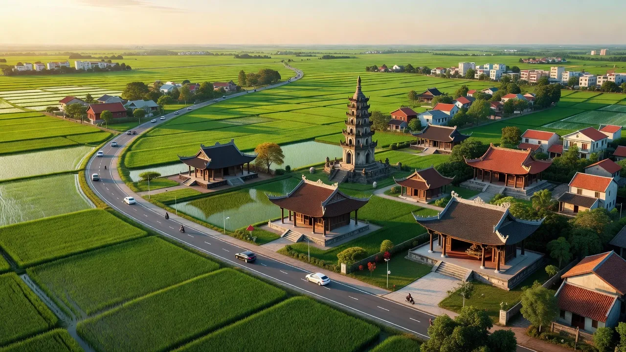Khung cảnh tỉnh Bắc Ninh với cánh đồng xanh và biểu tượng văn hóa đặc trưng, gần Hà Nội.