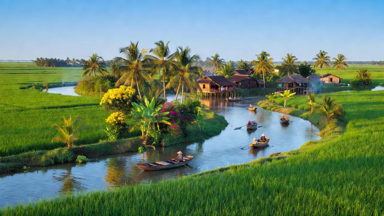 Cảnh đẹp huyện Ba Tri, Bến Tre với sông nước, cây cối và cuộc sống nông thôn yên bình.