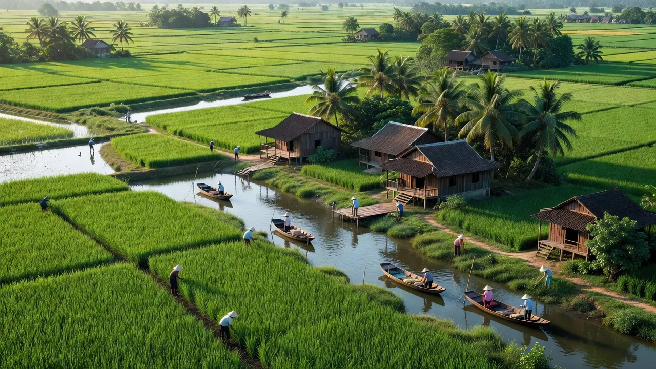 Cảnh đẹp Xã An Bình Tây, Huyện Ba Tri, Bến Tre với ruộng đồng và kênh rạch xanh tươi.