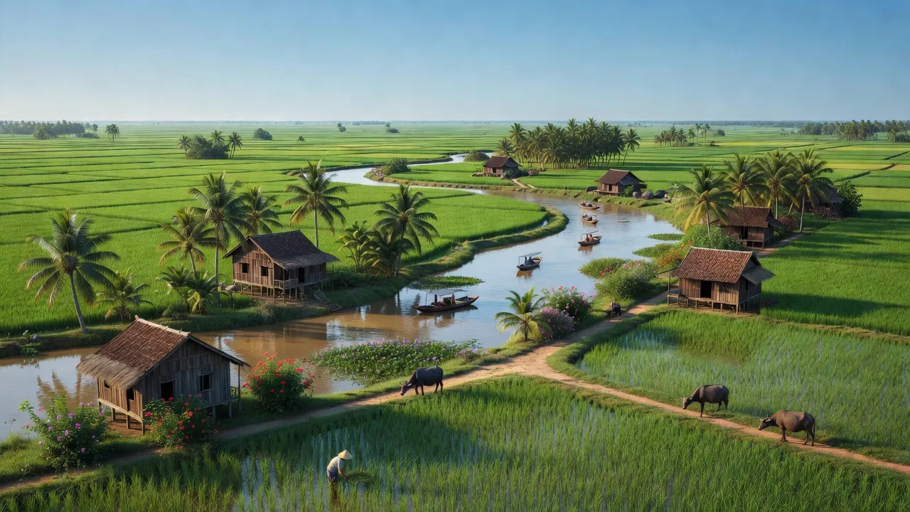 Cảnh quan An Bình Tây, Ba Tri, Bến Tre với ruộng xanh, nhà gỗ và dòng sông uốn lượn.