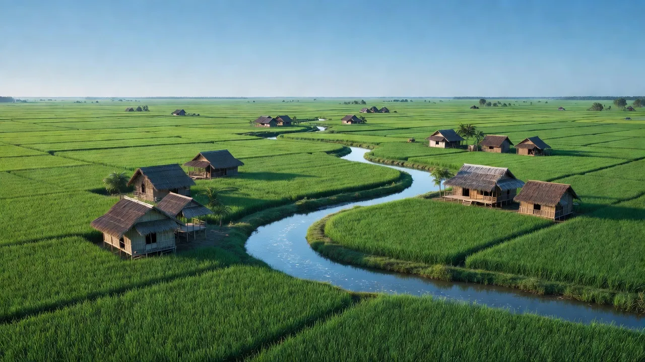 Cảnh đẹp xã An Đức, Ba Tri, Bến Tre với đồng lúa, dòng sông và nhà nông thôn.
