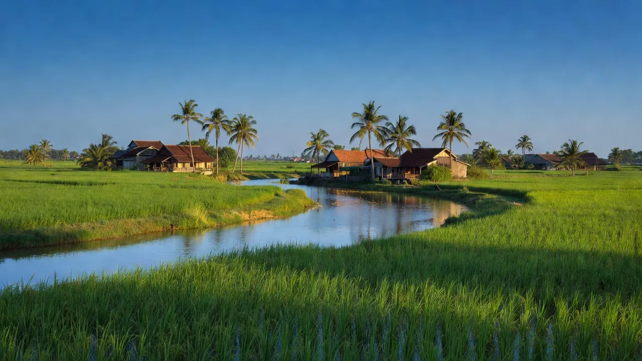 Cảnh đẹp An Hòa Tây, huyện Ba Tri, Bến Tre với ruộng xanh và sông yên bình.