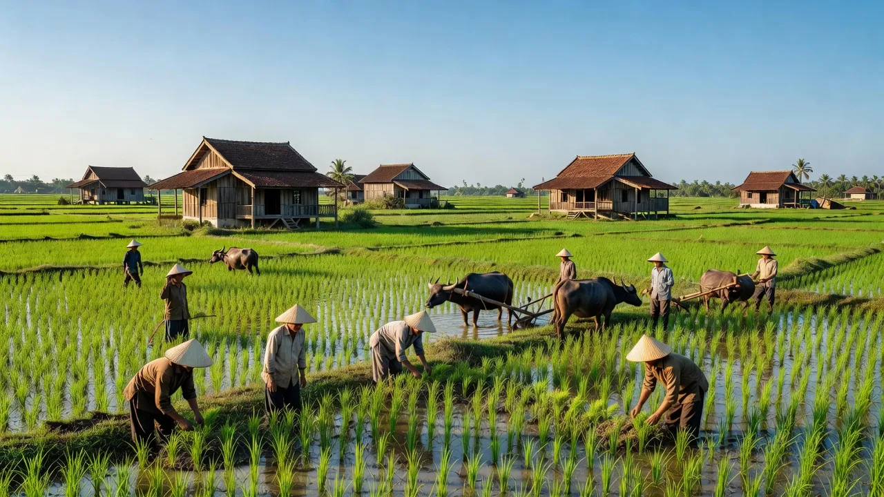 Cảnh làng quê An Ngãi Tây, huyện Ba Tri, Bến Tre với ruộng lúa xanh và nhà truyền thống.