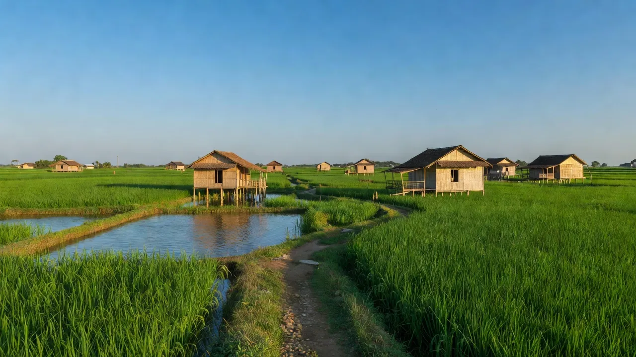 Khung cảnh yên bình ở xã An Ngãi Tây, huyện Ba Tri, Bến Tre với ruộng lúa xanh.