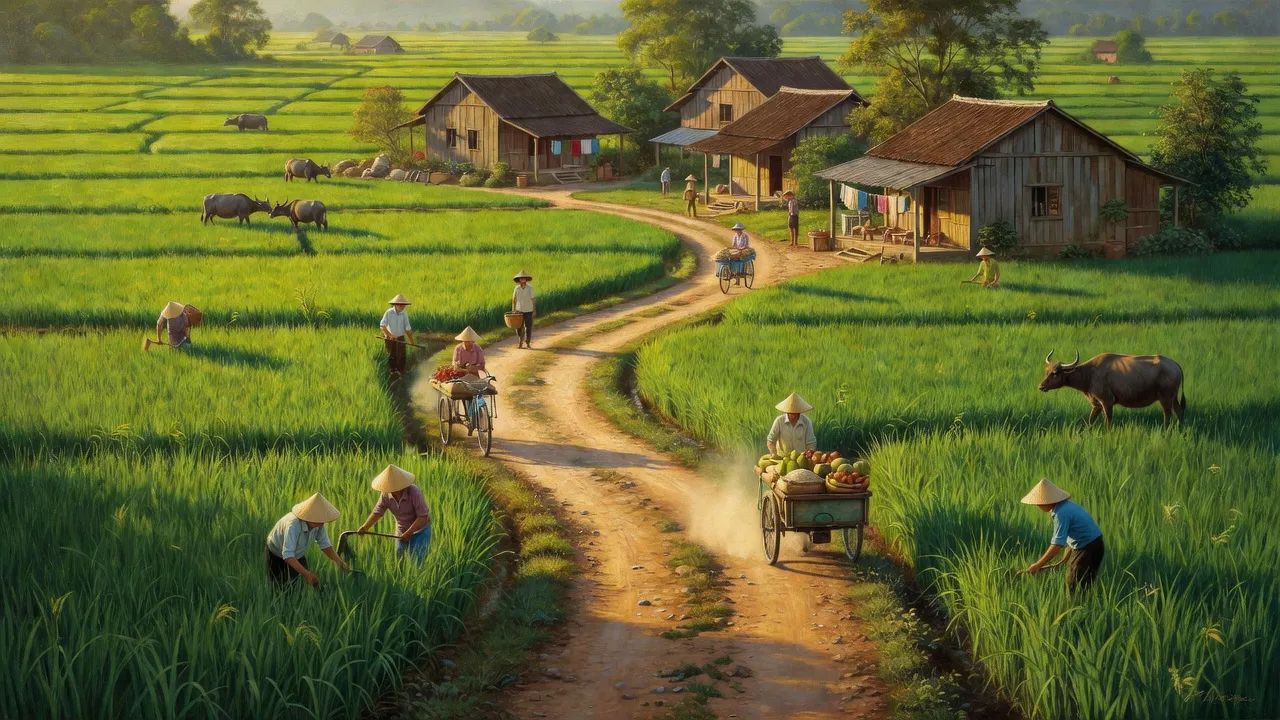 Cảnh nông thôn An Ngãi Trung, huyện Ba Tri, Bến Tre, với cánh đồng xanh tươi và con đường nhỏ.