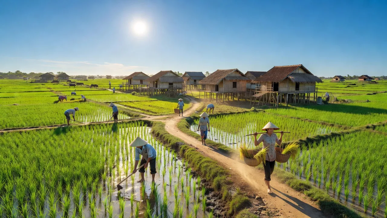 Cảnh quan Xã An Phú Trung, huyện Ba Tri, tỉnh Bến Tre với cánh đồng xanh và nhà truyền thống.