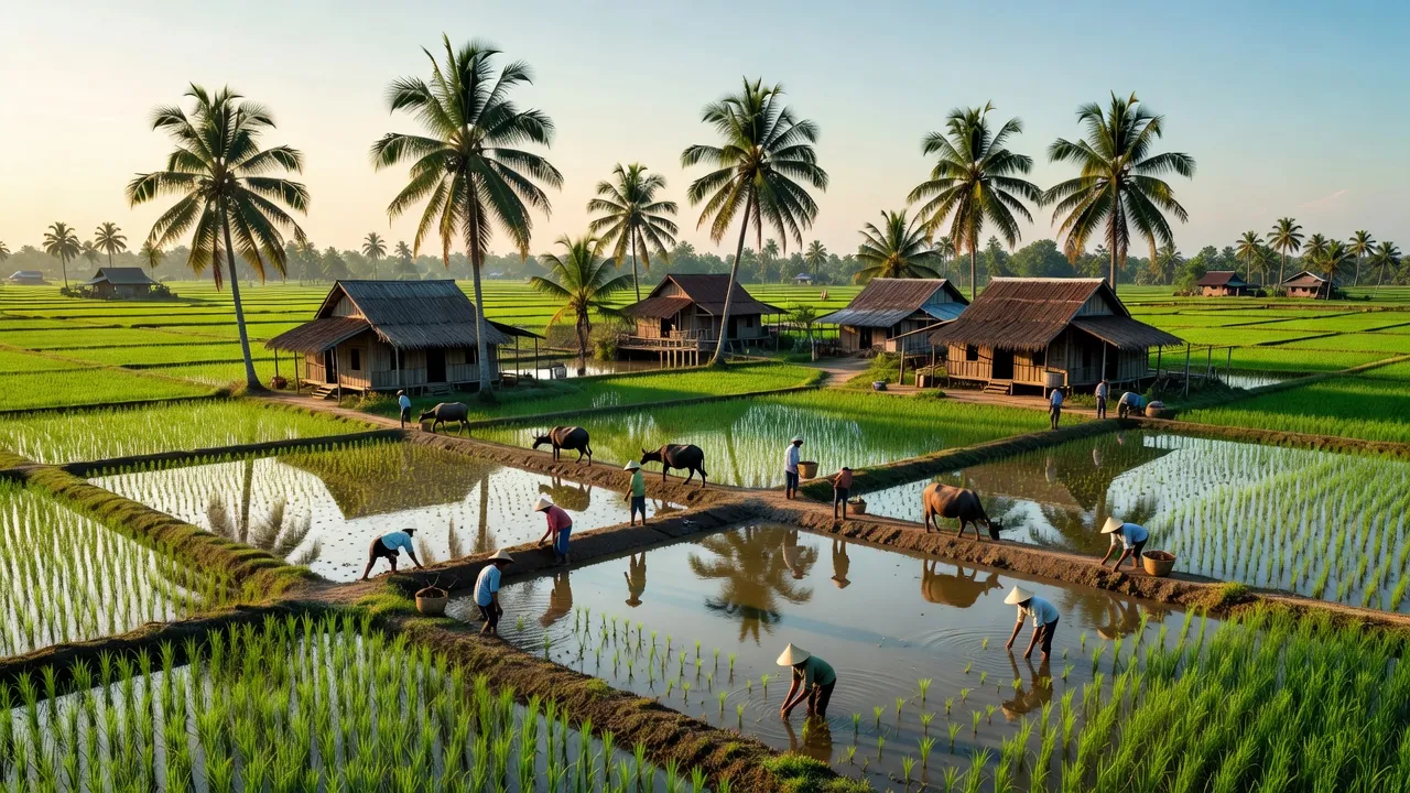 Quang cảnh xã An Phú Trung, huyện Ba Tri, Bến Tre với cánh đồng xanh và nhà truyền thống.