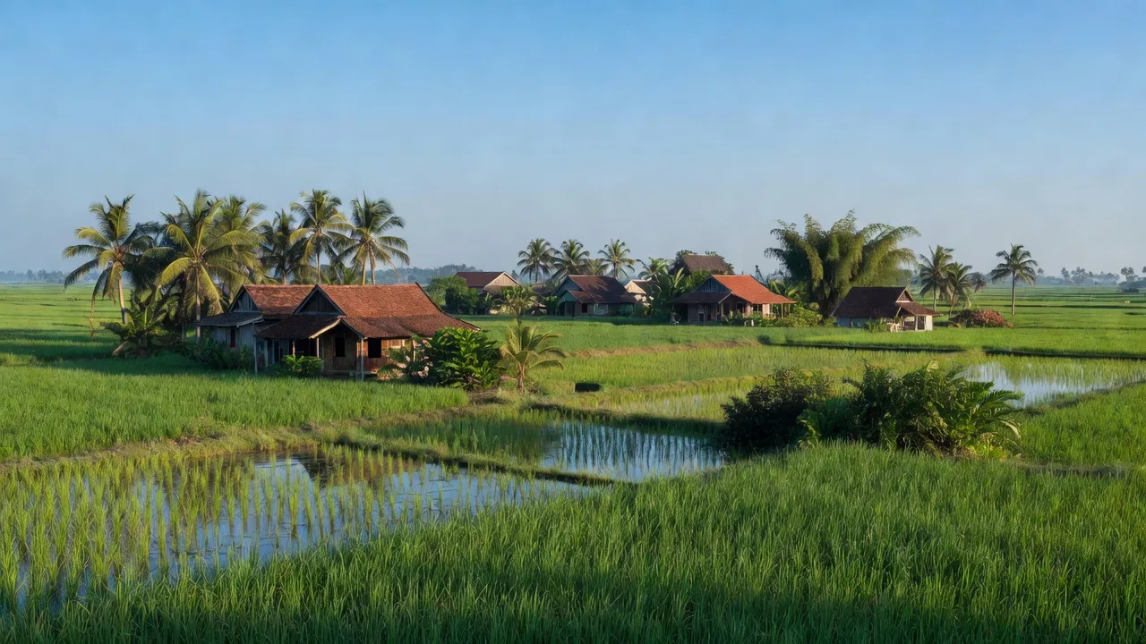 Quang cảnh yên bình của xã Bảo Thạnh, huyện Ba Tri, tỉnh Bến Tre với cánh đồng lúa xanh tươi.