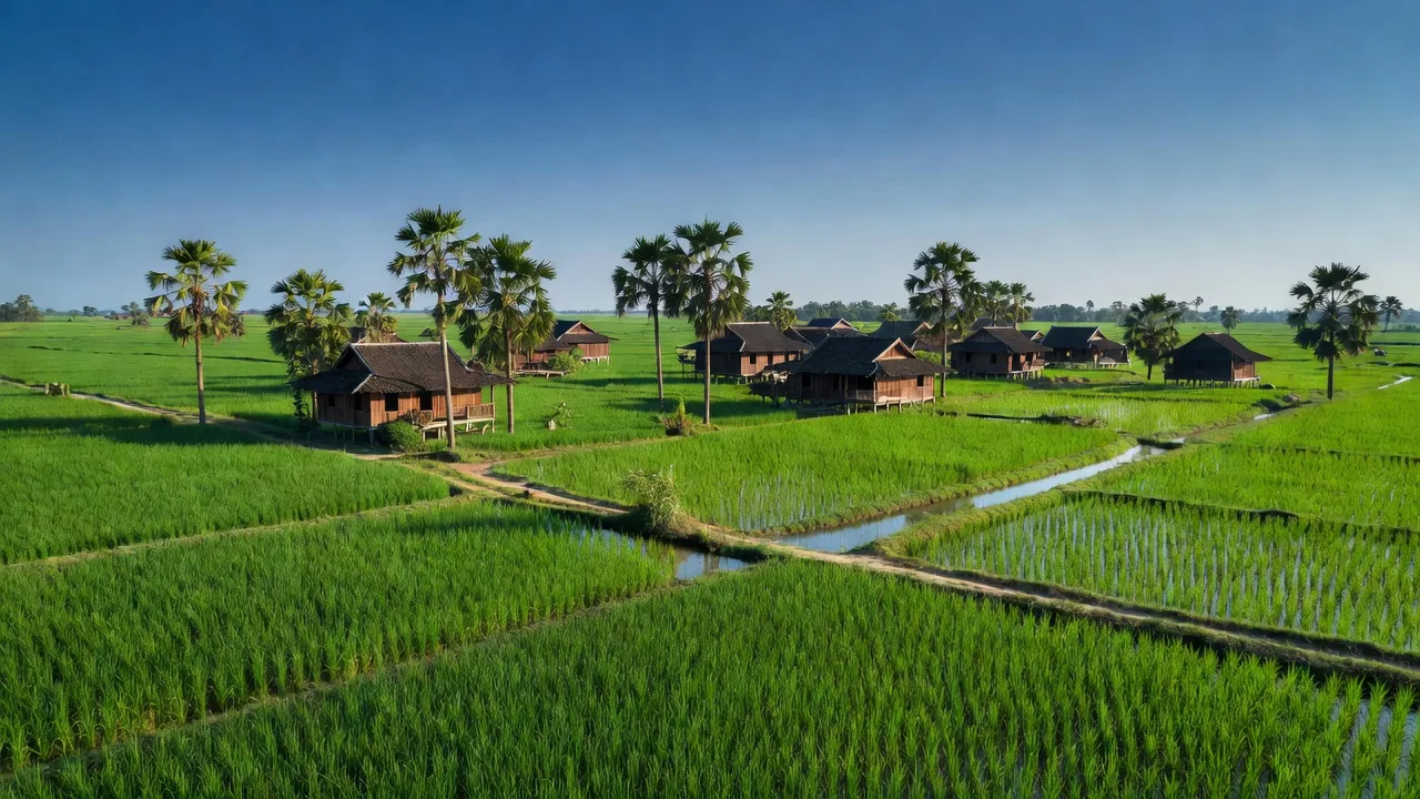 Cảnh đẹp xã Bảo Thuận, huyện Ba Tri, tỉnh Bến Tre với cánh đồng xanh và nhà truyền thống.