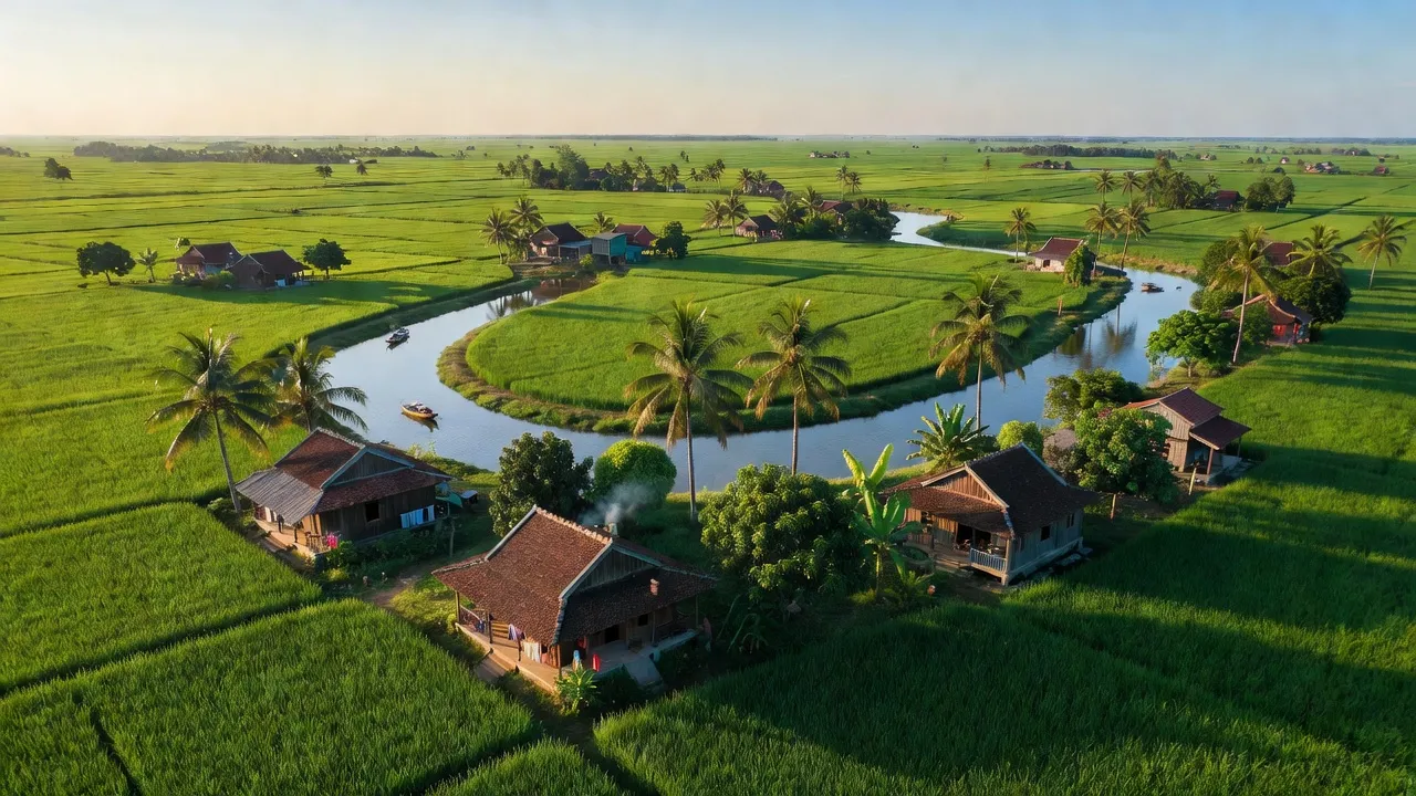 Khung cảnh yên bình xã Bảo Thuận, huyện Ba Tri, Bến Tre với đồng ruộng và dòng sông.