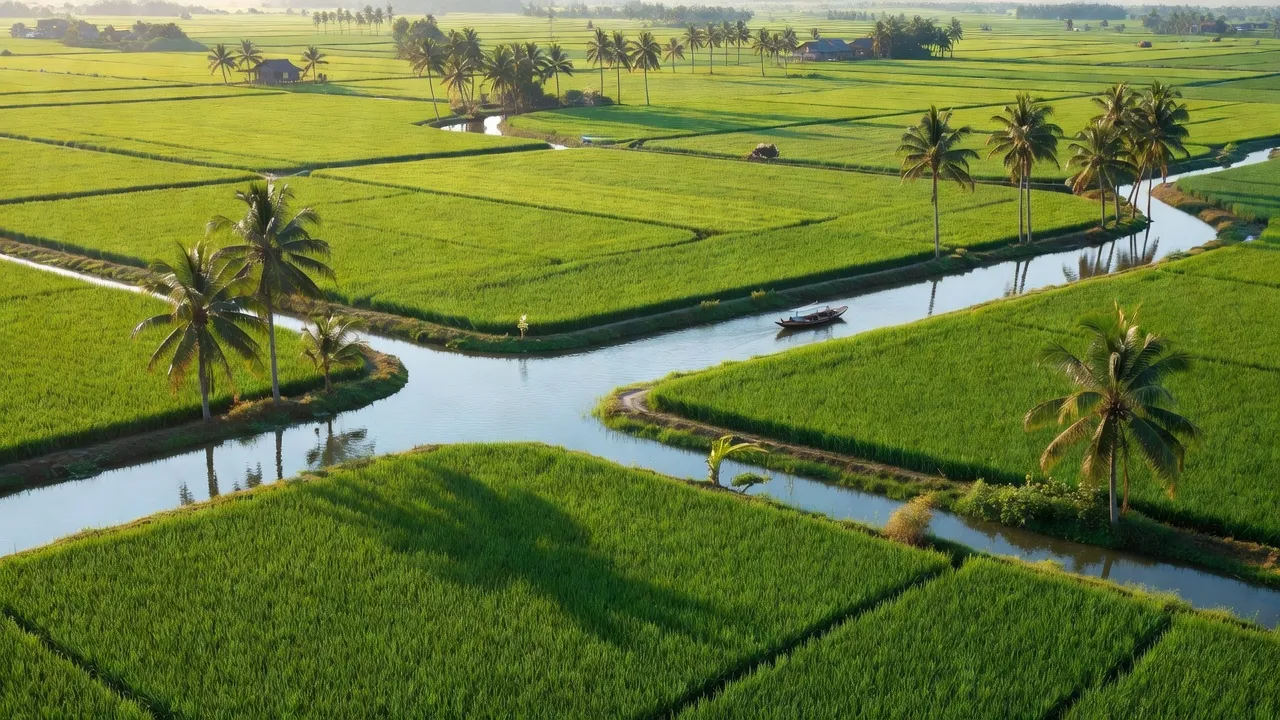 Đồng bằng xanh tươi xã Mỹ Chánh, huyện Ba Tri, tỉnh Bến Tre với kênh rạch và cánh đồng lúa.