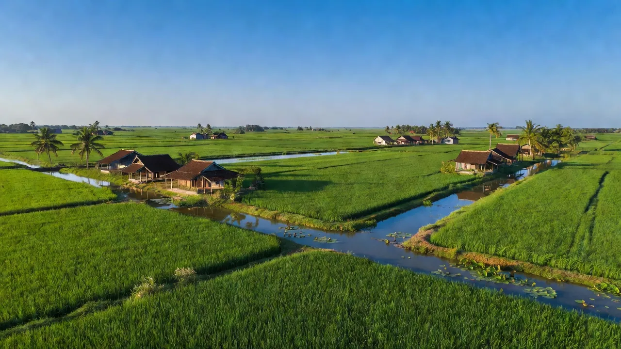 Mỹ Chánh, Ba Tri, Bến Tre with rice fields, canals, and traditional houses in clear weather.