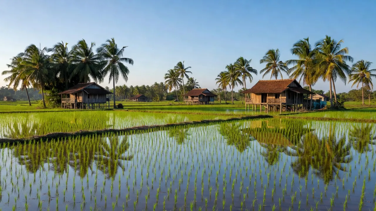 Cảnh đồng quê Mỹ Hòa, huyện Ba Tri, Bến Tre với ruộng lúa và nhà truyền thống.