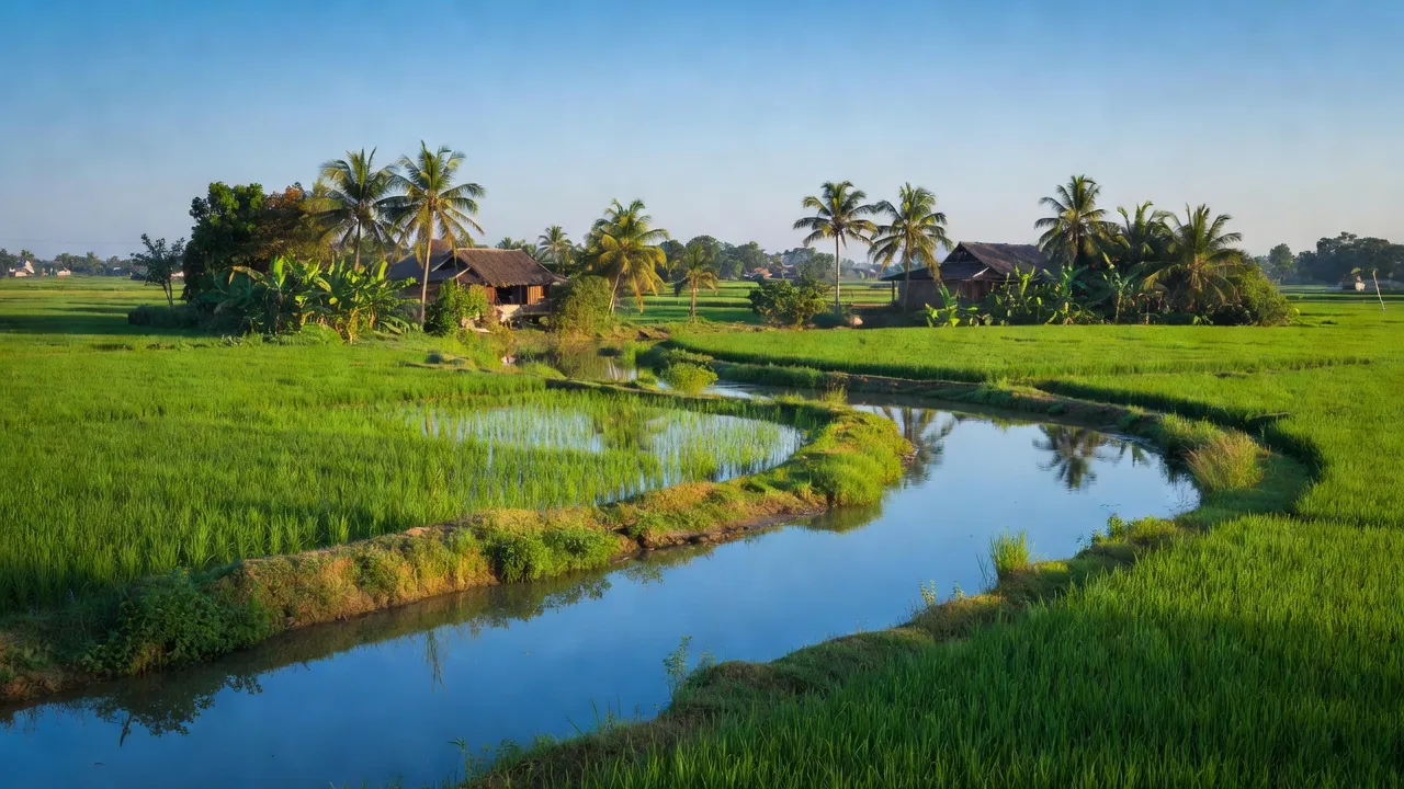 Cảnh sắc yên bình xã Mỹ Hòa, huyện Ba Tri, Bến Tre với cánh đồng xanh và dòng sông.