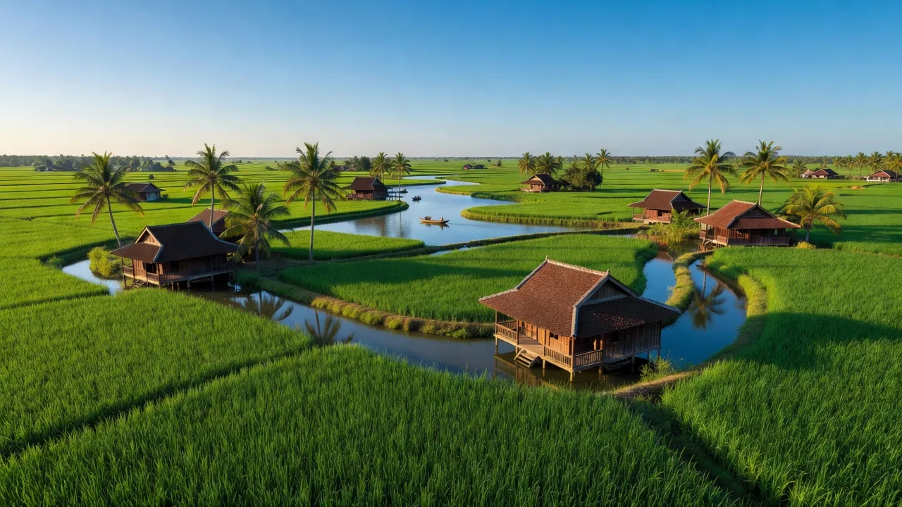 Khung cảnh xanh tươi của xã Mỹ Nhơn, huyện Ba Tri, tỉnh Bến Tre với đồng ruộng và nhà truyền thống.