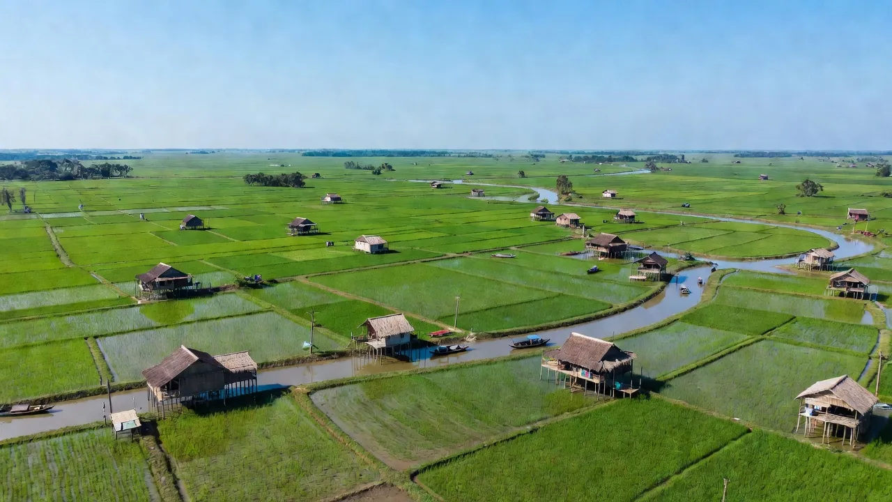 Cảnh quan xã Mỹ Thạnh, huyện Ba Tri, Bến Tre với ruộng lúa và hệ thống sông ngòi đặc trưng.
