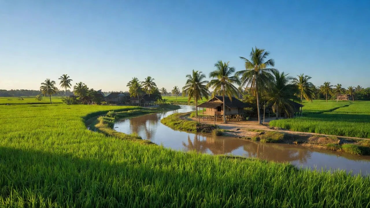 Cảnh sắc xanh tươi của xã Phú Lễ, huyện Ba Tri, Bến Tre với dòng sông và cánh đồng