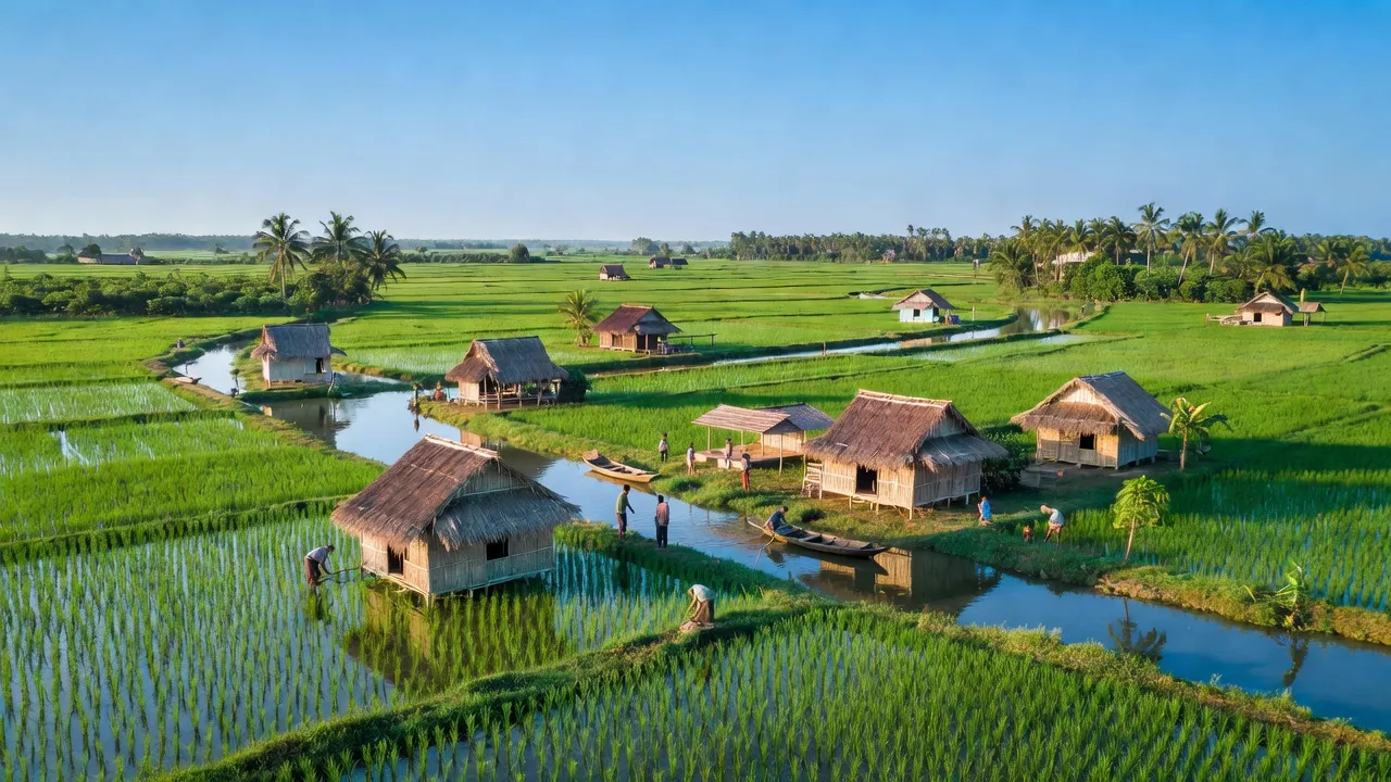 Khung cảnh yên bình xã Phú Lễ, huyện Ba Tri, với cánh đồng xanh và sông nước Bến Tre.