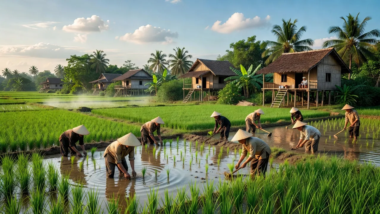 Cảnh đẹp xã Tân Hưng huyện Ba Tri tỉnh Bến Tre với ruộng lúa xanh tươi và người dân làm nông.