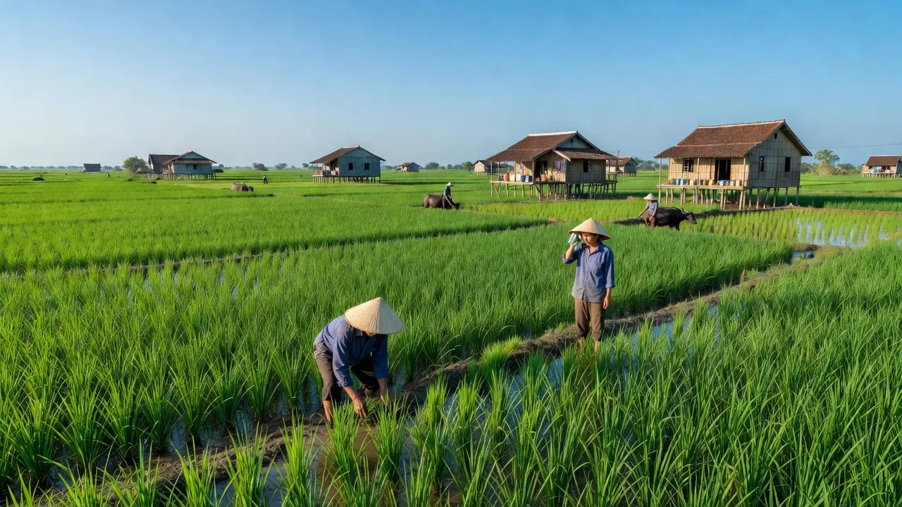Phong cảnh quê hương Xã Tân Hưng, Huyện Ba Tri, Tỉnh Bến Tre với ruộng lúa và nhà dân.