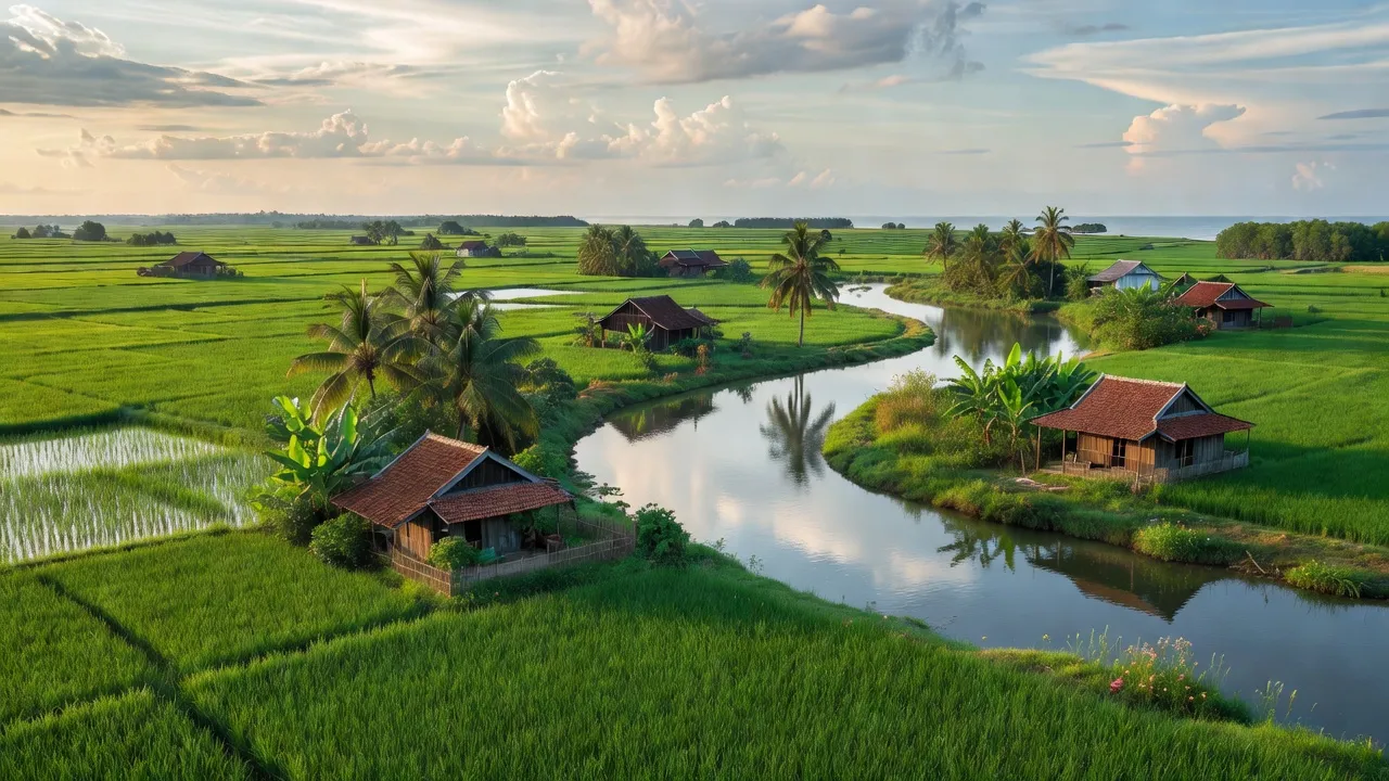 Khung cảnh bình yên ở xã Tân Thủy, huyện Ba Tri, tỉnh Bến Tre với ruộng lúa và sông.