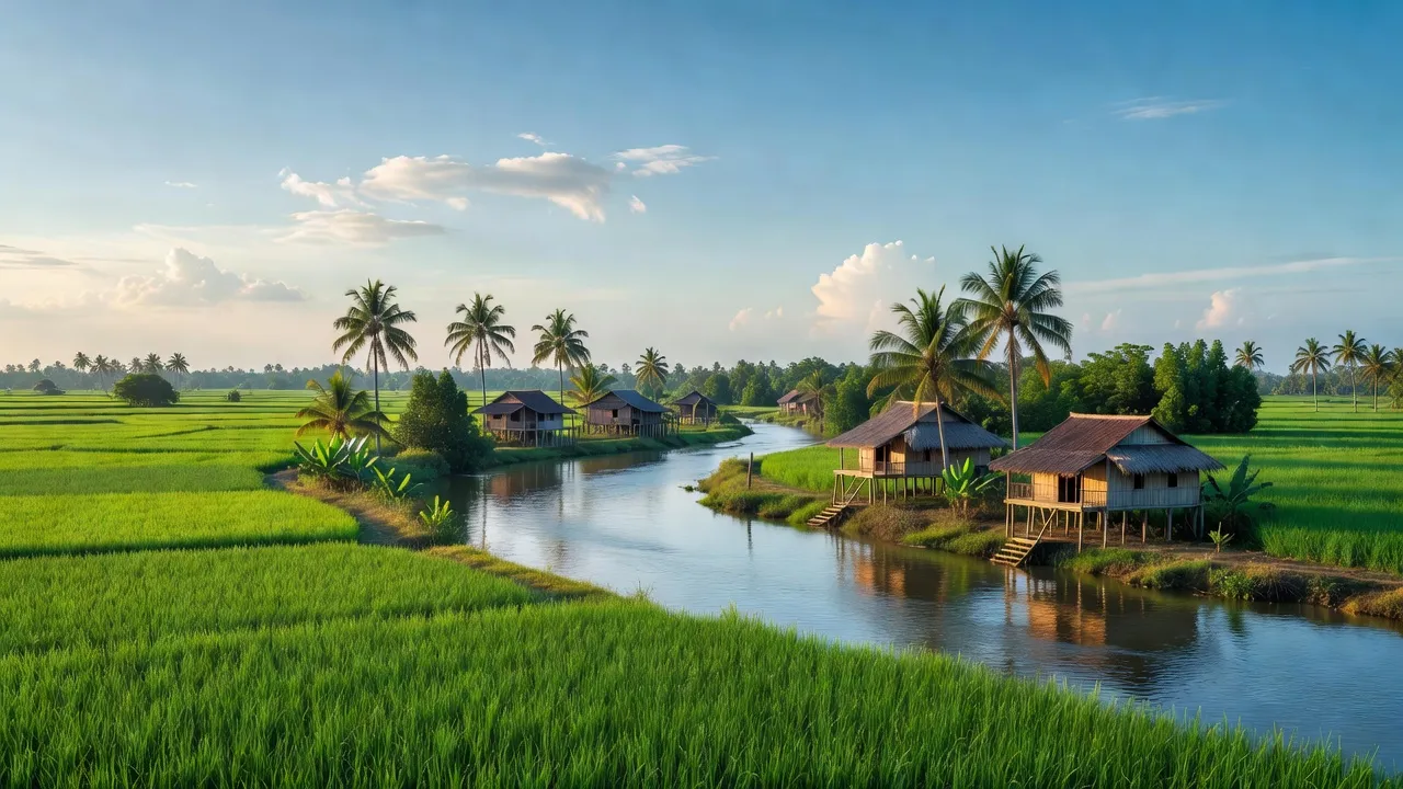 Khung cảnh làng Tân Thủy, huyện Ba Tri, tỉnh Bến Tre với cánh đồng xanh và nhà truyền thống.
