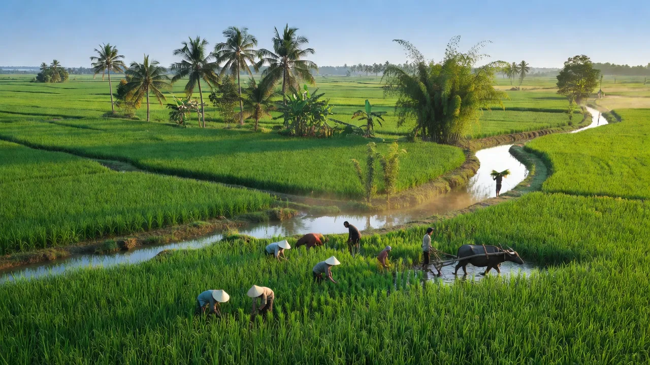 Cảnh quan đồng bằng Tân Xuân, Bến Tre với cánh đồng, sông và người nông dân đang làm việc.