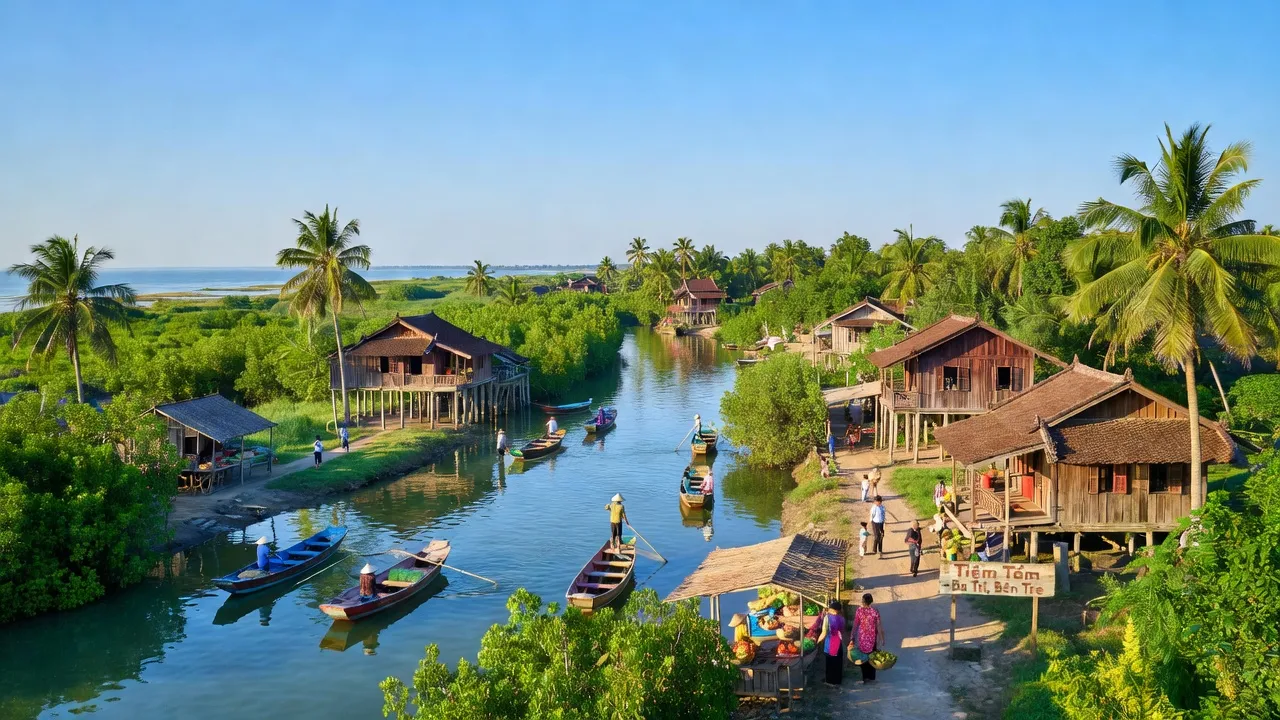 Khung cảnh thị trấn Tiệm Tôm, huyện Ba Tri, Bến Tre, với nhà truyền thống và cảnh sắc tươi đẹp.