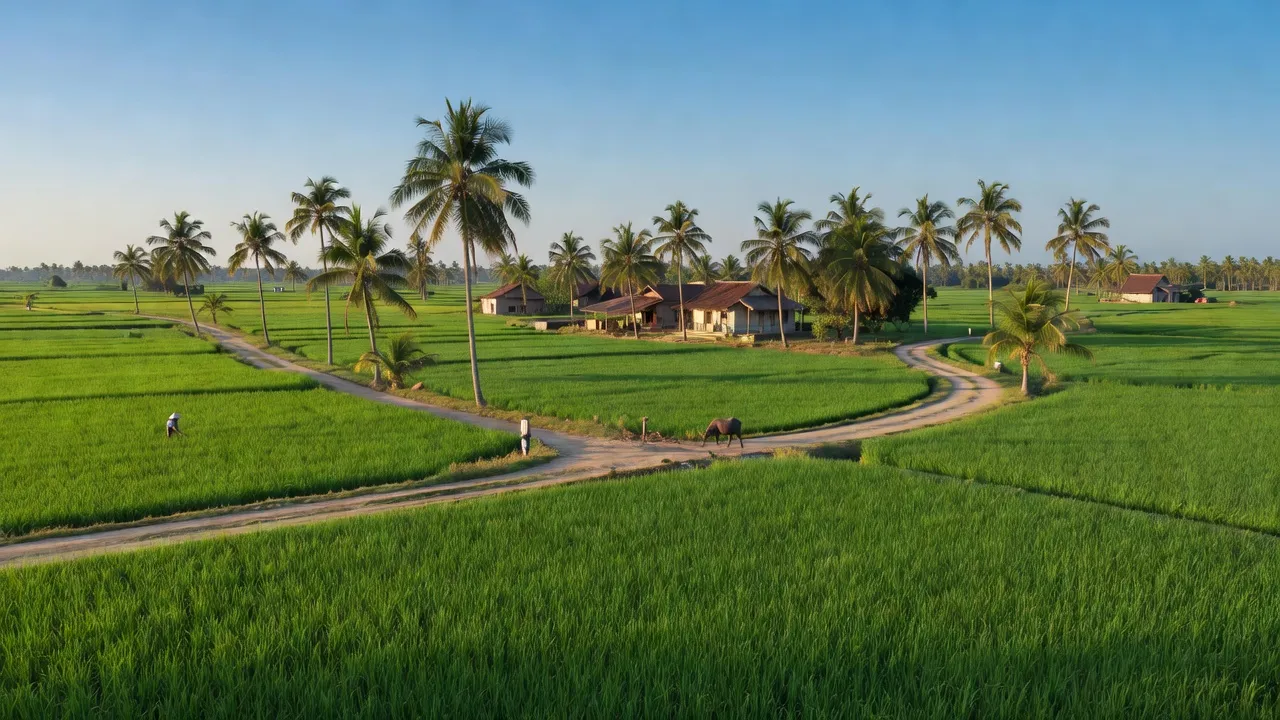 Quang cảnh yên bình xã Vĩnh An, huyện Ba Tri, tỉnh Bến Tre với cánh đồng xanh và nhà cửa.
