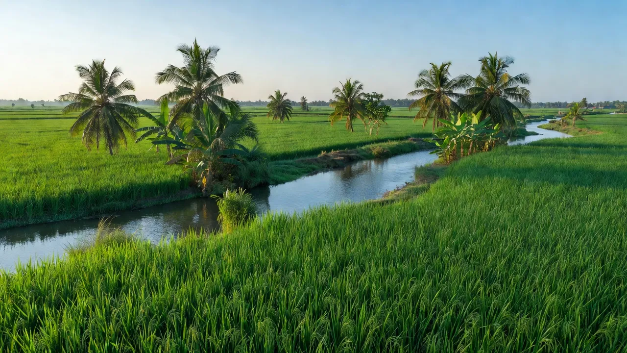 Cảnh sắc xã Vĩnh Hòa, huyện Ba Tri, Bến Tre với đồng lúa, cây xanh và sông nước.