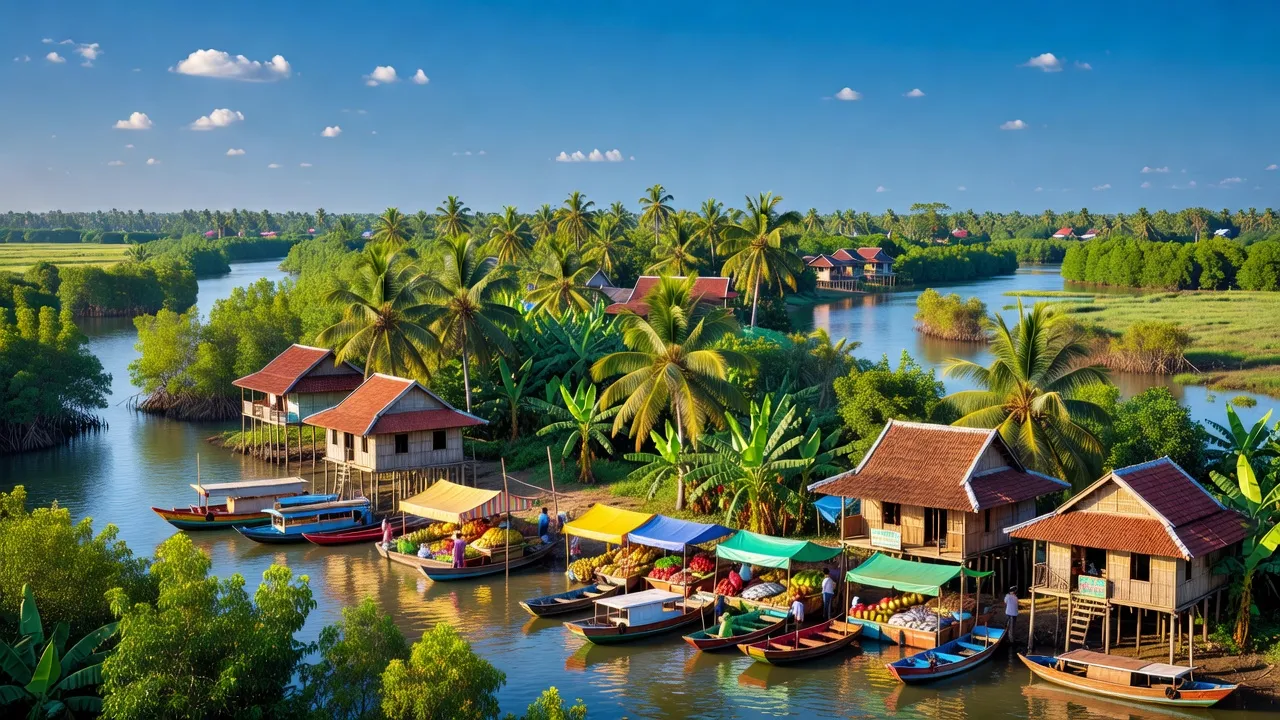 Khung cảnh thành phố Bến Tre với cây cối xanh tươi và nhà truyền thống Việt Nam.
