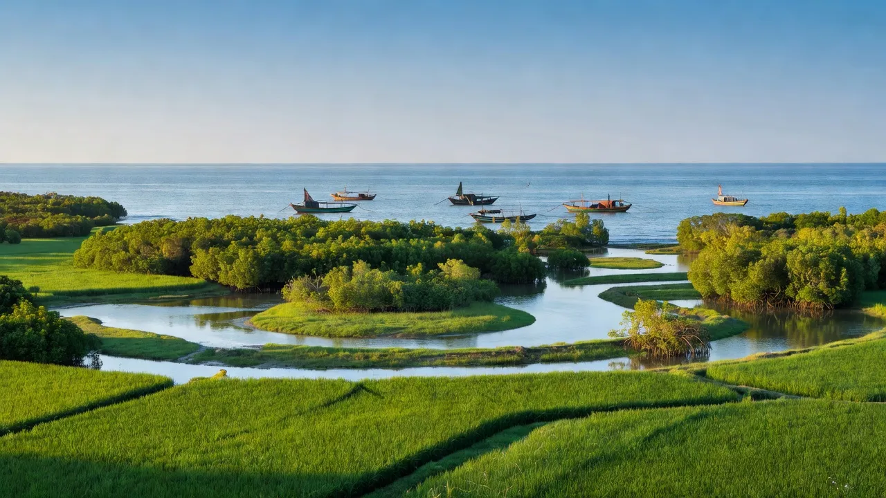 Quang cảnh huyện Bình Đại, Bến Tre, với biển Đông, rừng ngập mặn và thuyền đánh cá.
