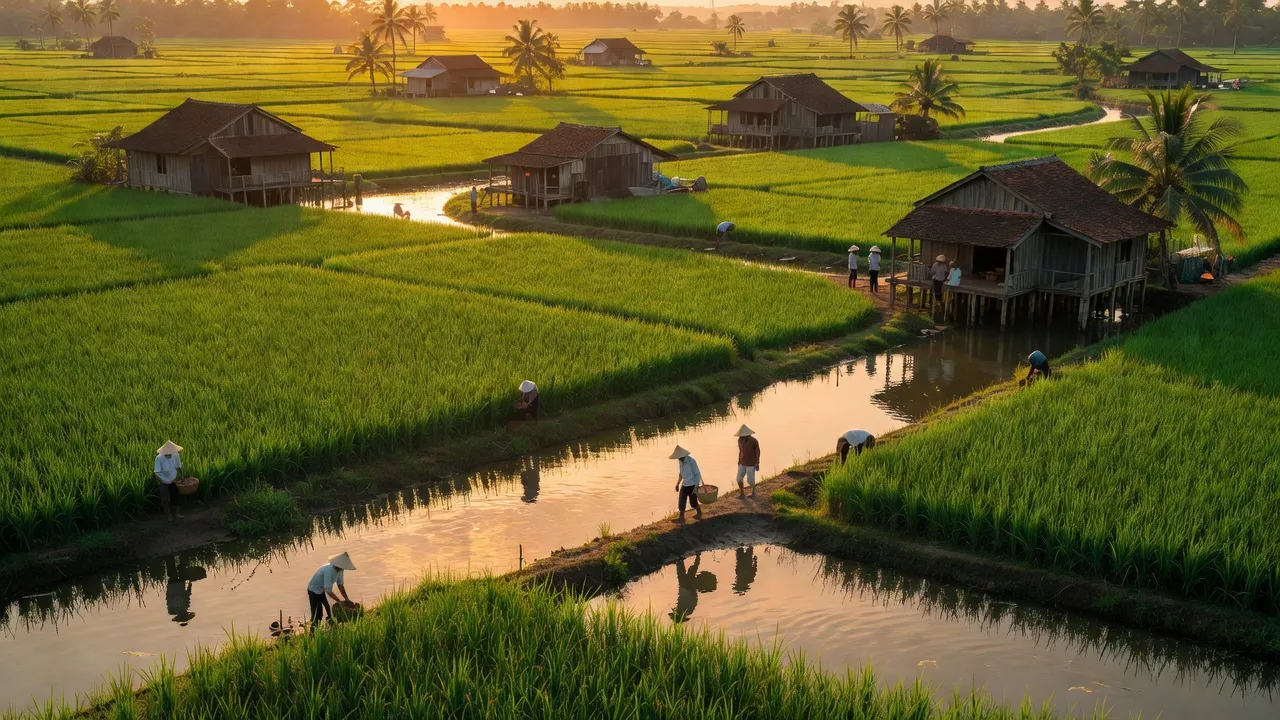 Cảnh đồng xanh tươi ở xã Bình Thắng, huyện Bình Đại, Bến Tre, miền Tây Việt Nam.