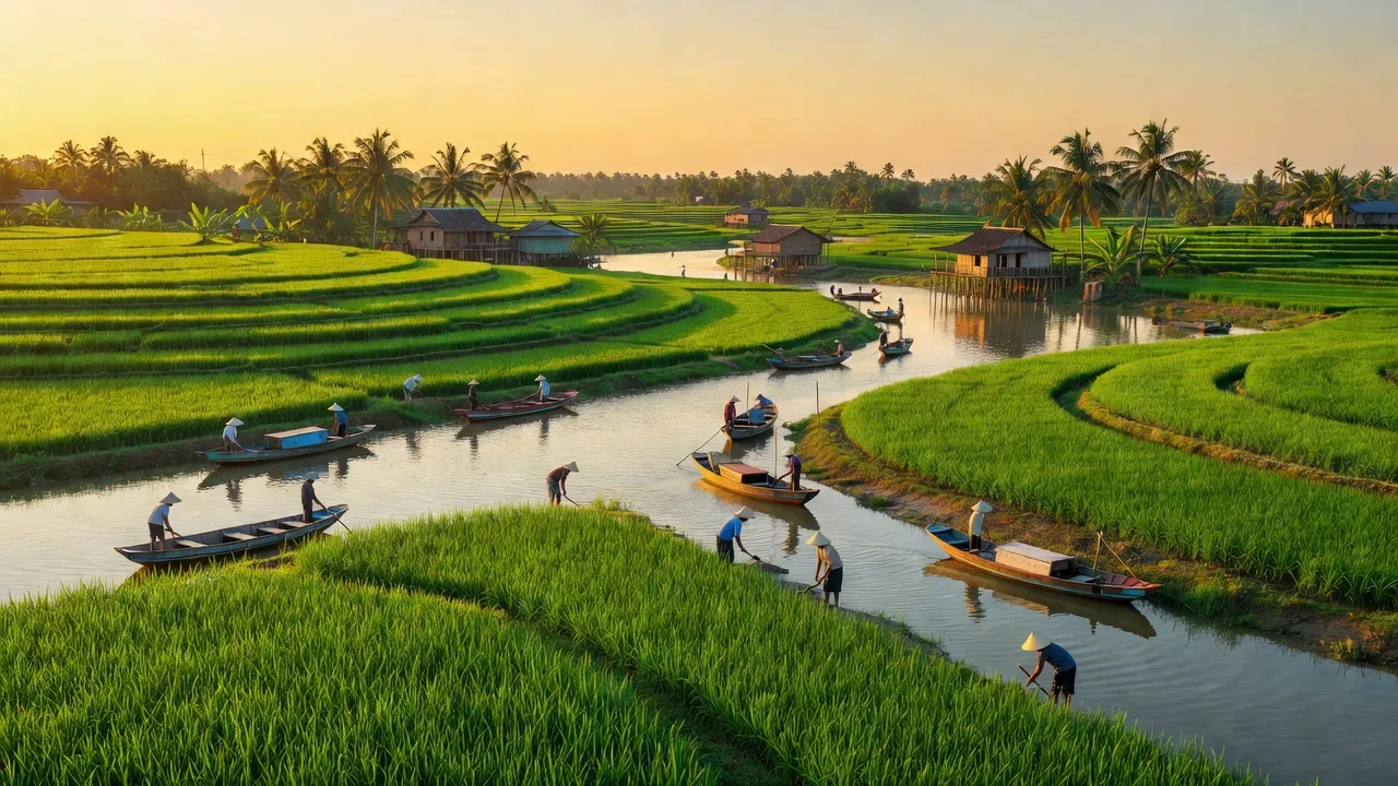 Cảnh sắc thiên nhiên xã Bình Thắng, huyện Bình Đại, tỉnh Bến Tre với đồng ruộng và sông nước.