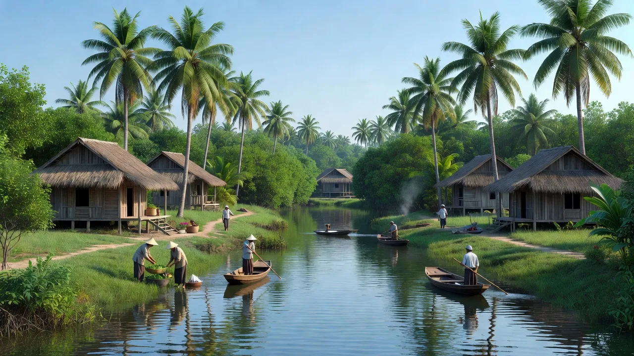 Cảnh đẹp xã Bình Thới, huyện Bình Đại, tỉnh Bến Tre với cây xanh và sông nước.
