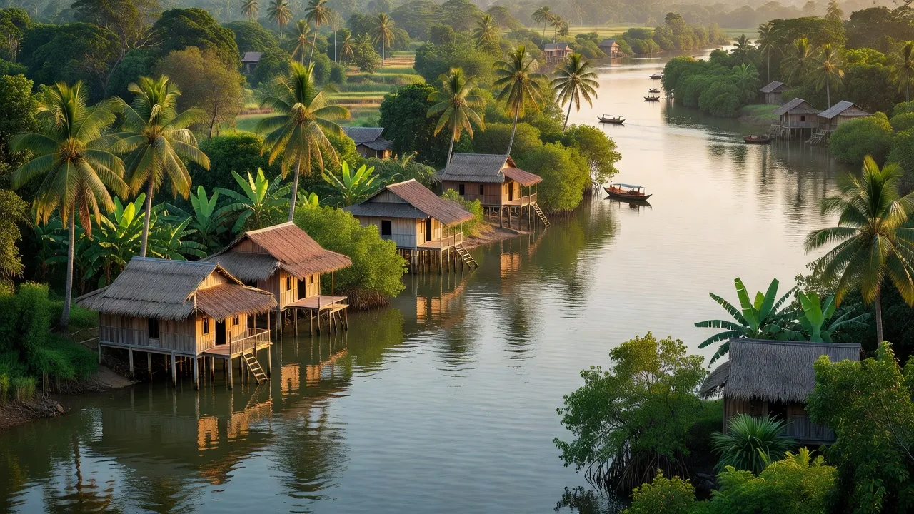 Cảnh sắc bình yên xã Bình Thới, huyện Bình Đại, tỉnh Bến Tre với sông nước và nhà ven sông.