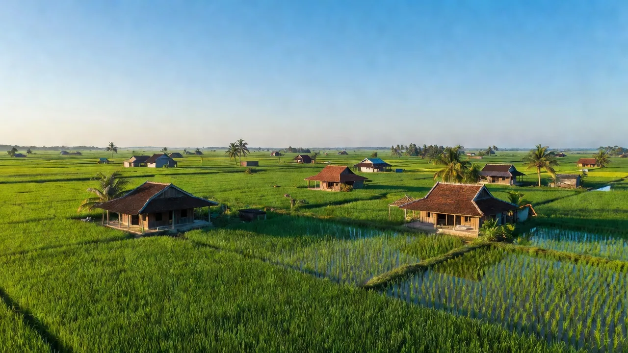 Cảnh quan Xã Châu Hưng, Huyện Bình Đại, tỉnh Bến Tre với cánh đồng xanh mướt và nhà truyền thống.