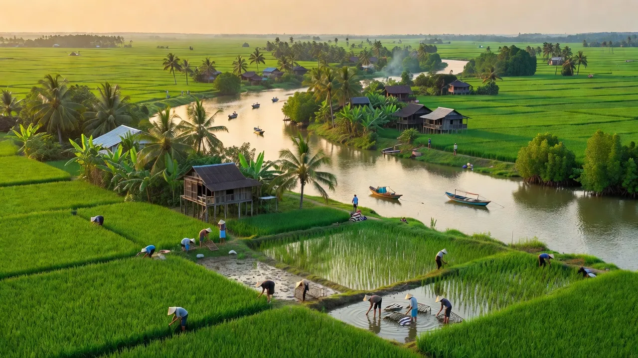 Cảnh quan Xã Đại Hòa Lộc với đồng lúa xanh và dòng sông ở Bến Tre, Việt Nam.